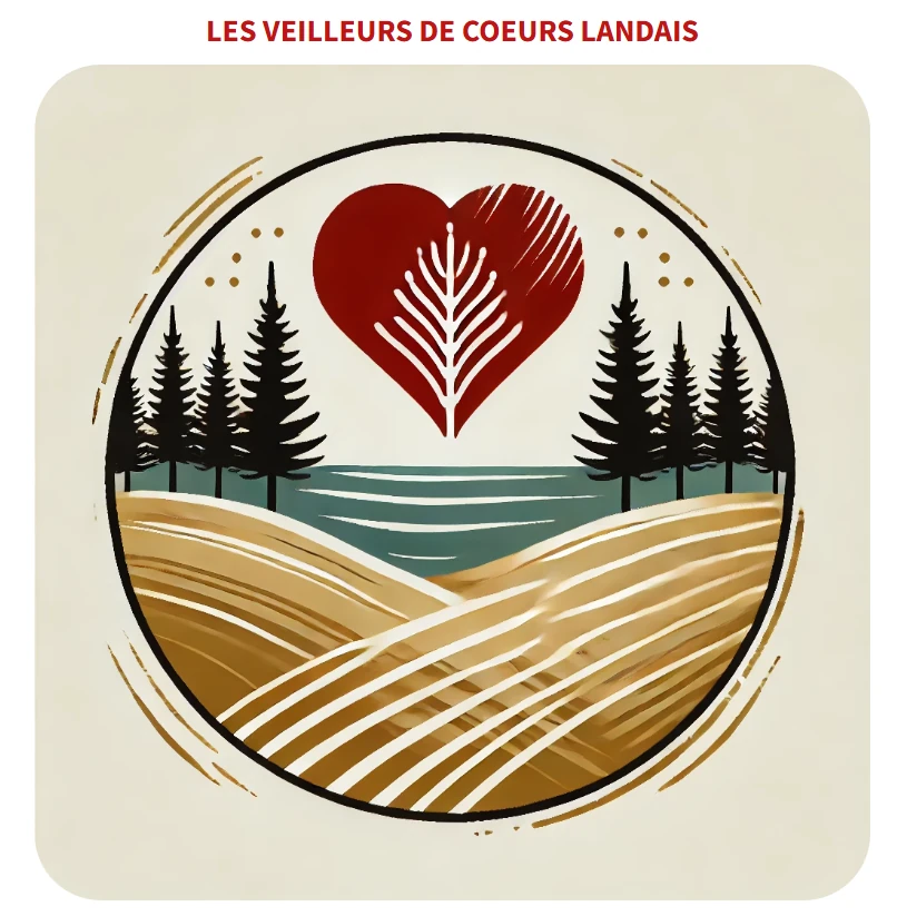Logo des Veilleurs de Cœurs Landais : cœur rouge, pins, eau et chemins des Landes